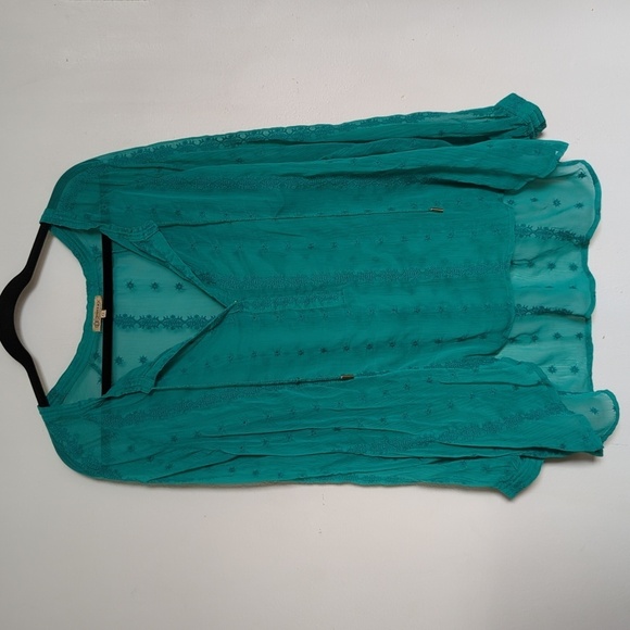 Democracy Tops - Democracy green sheer embroidered boho tunic-length blouse women's size 1X